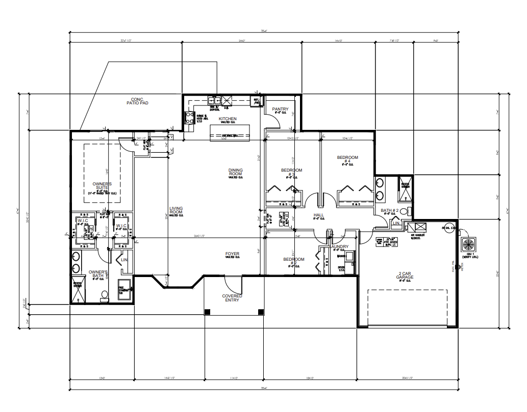Single-story residential home floor plan showing open-concept layout with multiple bedrooms, bathrooms, two-car garage, and covered outdoor living area, Oak & Anchor Roofing new construction project